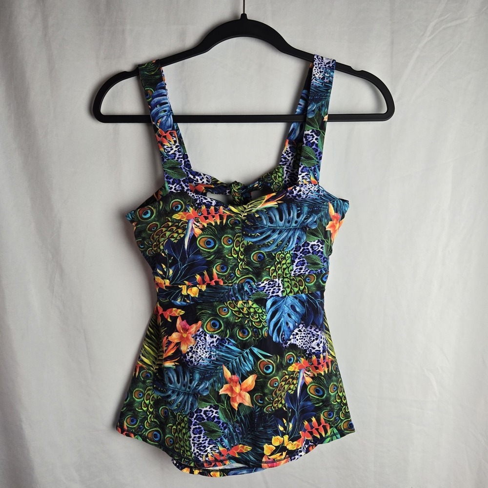 Dona Jo Tankini Top‎ Size 2 Tropical Peacock Tie Back Maximalist Indie Art Beach